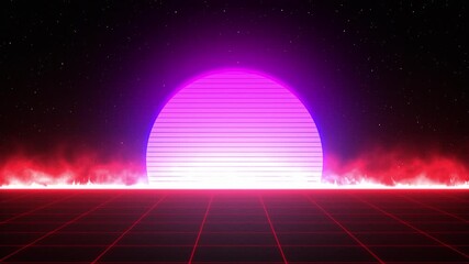 retro 80s synthwave purple sun rise over red grid flaming neon horizon loop video for music backdrops, vfx, presentations Ideal for music video backgrounds, projects, intros, title screens, gaming - Powered by Adobe