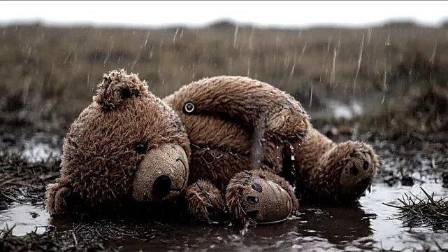 Two brown teddy bears lying in a muddy puddle rain falling