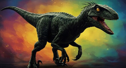 A digitally created velociraptor with its mouth open standing against a colorful background art piece