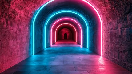 Fototapeta premium Neon tunnel with red and blue lights. The tunnel is long and narrow