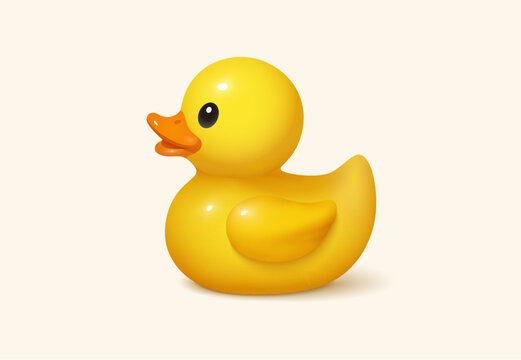 3d duck rubber yellow bathroom toy element side view. Yellow duck 3d kid baby rubber icon object