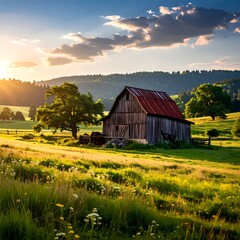 Rustic barn at sunset in a grassy field