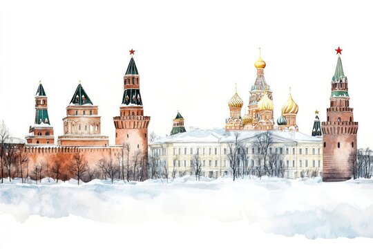 Moscow in Russia architecture illustration watercolor.