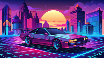 A Retrowave 80's Retro Car In The Night 8K Wallpaper featuring neon lights, futuristic cityscape, glowing grid horizon, synthwave aesthetics, cyberpunk mood, vibrant colors, nostalgic vibe, and cinema