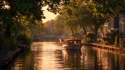 Fototapeta premium Golden sunset illuminating tranquil canal scene with boat gliding through calm water surrounded by lush trees and charming houses reflecting off the surface.