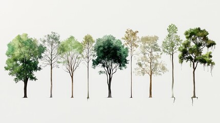 Row of trees with varying sizes and colors. The trees are arranged in a line, with some being taller and others shorter