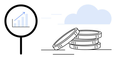 Magnifying glass over upward graph, coins stacked nearby, blue cloud. Ideal for finance, investment, growth, data analysis, economy profitability market trends. Clear and simple flat metaphor