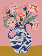 Colorful embroidered drawing of flowers in a striped vase against a pink background