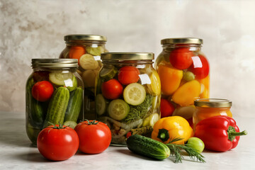 home canning large glass cylinders concept variety of vegetables cabbage tomatoes cucumbers peppers sealed metal caps. located next to fresh vegetables tursu turşu