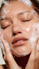 Young woman enjoys a refreshing moment while washing her face with a gentle cleanser in a well-lit setting