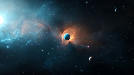 Space scene with a large planet in the center and three smaller planets surrounding it. The scene is filled with stars and clouds, giving it a sense of depth and vastness