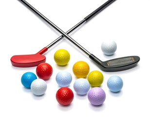 Colorful miniature golf clubs and balls