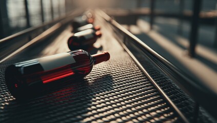 Wine bottles move along a conveyor belt in a modern industrial setting, bathed in warm sunlight.