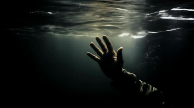 desperate drowning person's hand reaching out for water's surface in distress. human vulnerability in extreme conditions. dramatic tension in life-or-death situation. symbolic cry for help and rescue