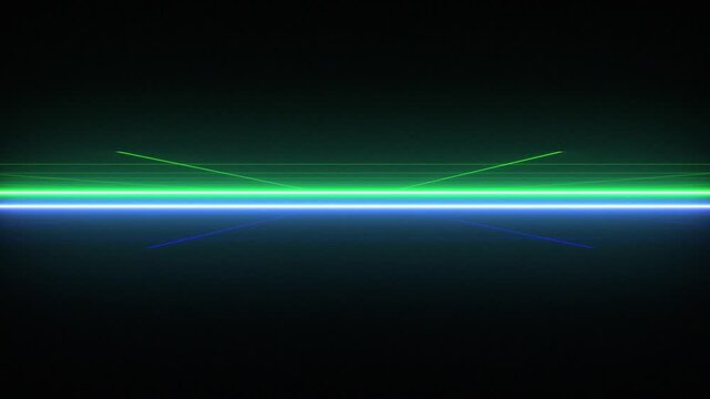 Straight neon lazer flickering line color cyan and green splits into two with grid floor black background