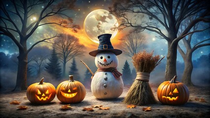 Snowman with pumpkins in a halloween night landscape with full moon