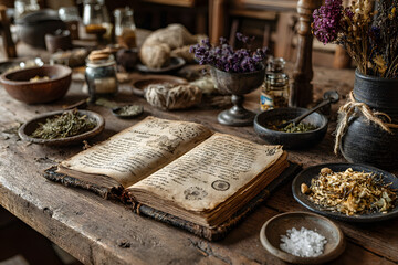 Wiccan witch altar with an open book of shadows with hand written spell in it, ready for spell casting. Grimoire page with symbols and drawings. Dried herbs and flowers, salt ingredients