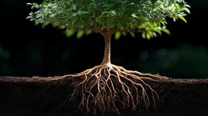 Tree with its roots visible in the dirt. The roots are long and spread out, showing the tree's strength and stability. Concept of growth and resilience