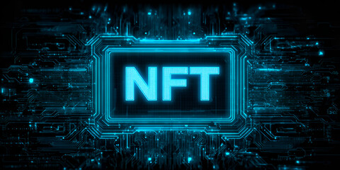 NFT glowing hologram on digital futuristic background, blockchain and cyber technology