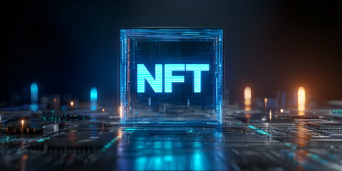 NFT cube interface glowing in digital network environment, modern crypto technology concept
