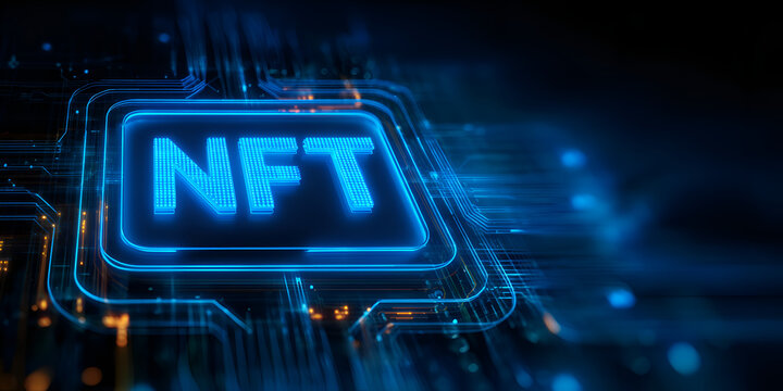 Glowing blue NFT symbol on futuristic microchip background, digital asset and blockchain tech