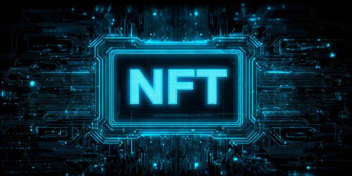 NFT glowing hologram on digital futuristic background, blockchain and cyber technology
