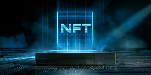 Glowing NFT cube interface on futuristic digital platform, cryptocurrency and token concept