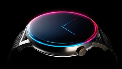 A sleek, modern smartwatch with a vibrant, glowing bezel, set against a stark black backdrop, showcases cutting-edge design and technology.