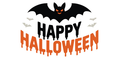Happy Halloween Dripping Text Design with Scary Bat and Orange Accents