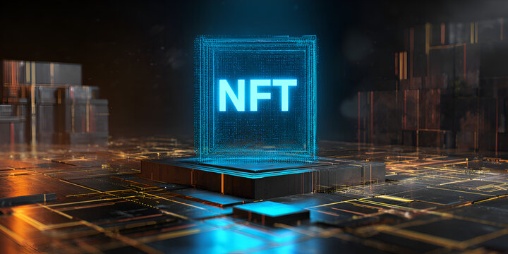 3D cube with NFT text on glowing tech surface, blockchain and crypto visualization
