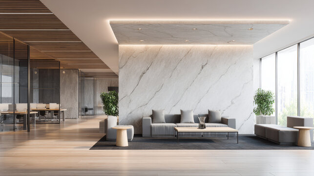 A stylish, modern office interior with a welcoming waiting area. The space features a gray sofa and armchairs on a dark rug, set against a stunning marble wall. The design combines elegant textures