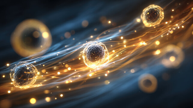 A vivid, abstract representation of cellular activity. Glowing, transparent cells float within a dynamic flow of golden and blue light trails, suggesting energy and movement
