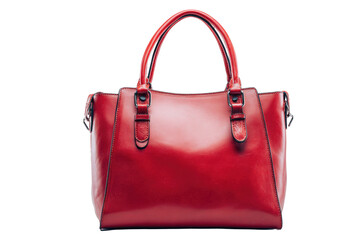 Naklejka premium Elegant red leather handbag with top handles and buckles, isolated on transparent background. background removed