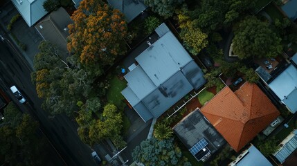 View of a neighborhood with houses and trees. The houses are of different sizes and styles, and there are cars parked on the street