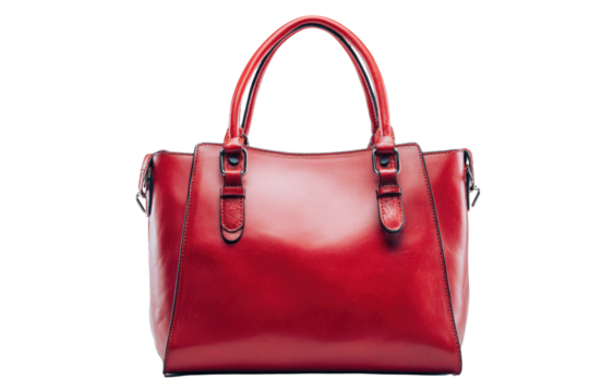 Elegant red leather handbag with top handles and buckles, isolated on transparent background. background removed