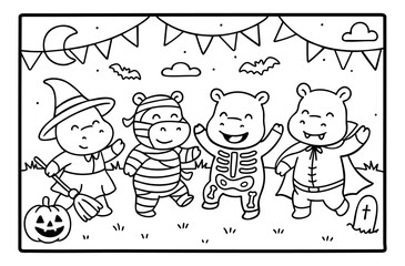 cute hippos at halloween party coloring book coloring page
