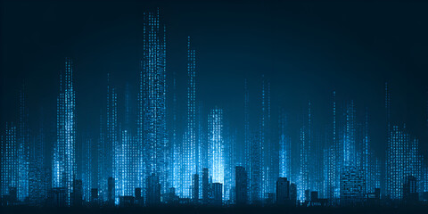 Digital blue city skyline made from particles on black background, futuristic data visualization
