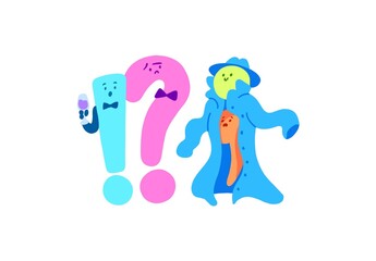 A whimsical illustration featuring a blue exclamation mark holding a glass and a pink question mark with a sad expression, accompanied by a playful green character in a blue coat
