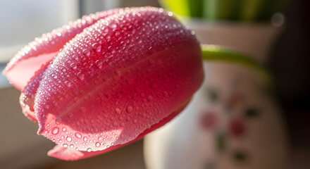 Spring freshness: vibrant red tulip with morning dew

