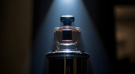 Luxurious perfume bottle spotlighted, symbol of elegance.

