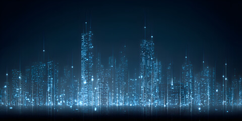 Digital blue city skyline made from particles on black background, futuristic data visualization
