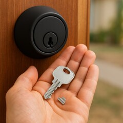 Silver Broken Key Extraction and Replacement with Matte Black Deadbolt on Wooden Door