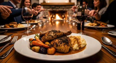 Friends enjoying gourmet dinner by warm fireplace.

