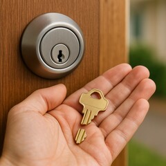 Gold Broken Key Extraction with Satin Silver Deadbolt on Wood Door, Key Fragments In Palm of Hand