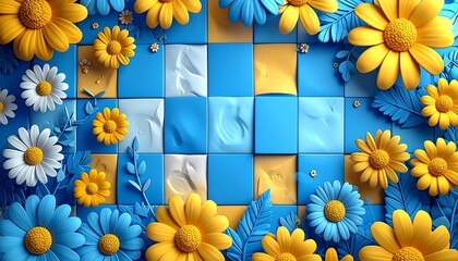 Colorful flowers on a blue and yellow grid