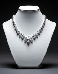 A diamond necklace on a white mannequin.  Elegant, sparkling gems adorn a sleek design