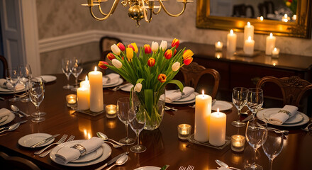 Configura&ccedil;&atilde;o de Mesa Luxuosa: Velas, Tulipas, Jantar &Iacute;ntimo

