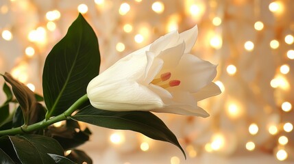 White flower with a green stem is the main focus of the image. The flower is surrounded by a blurry background, which creates a sense of depth and adds a dreamy, ethereal quality to the scene
