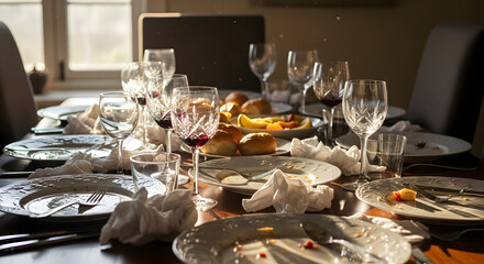 Post-celebration: messy table with dirty dishes, wine glasses

