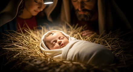 Christmas Nativity: Holy Family and newborn baby Jesus.

